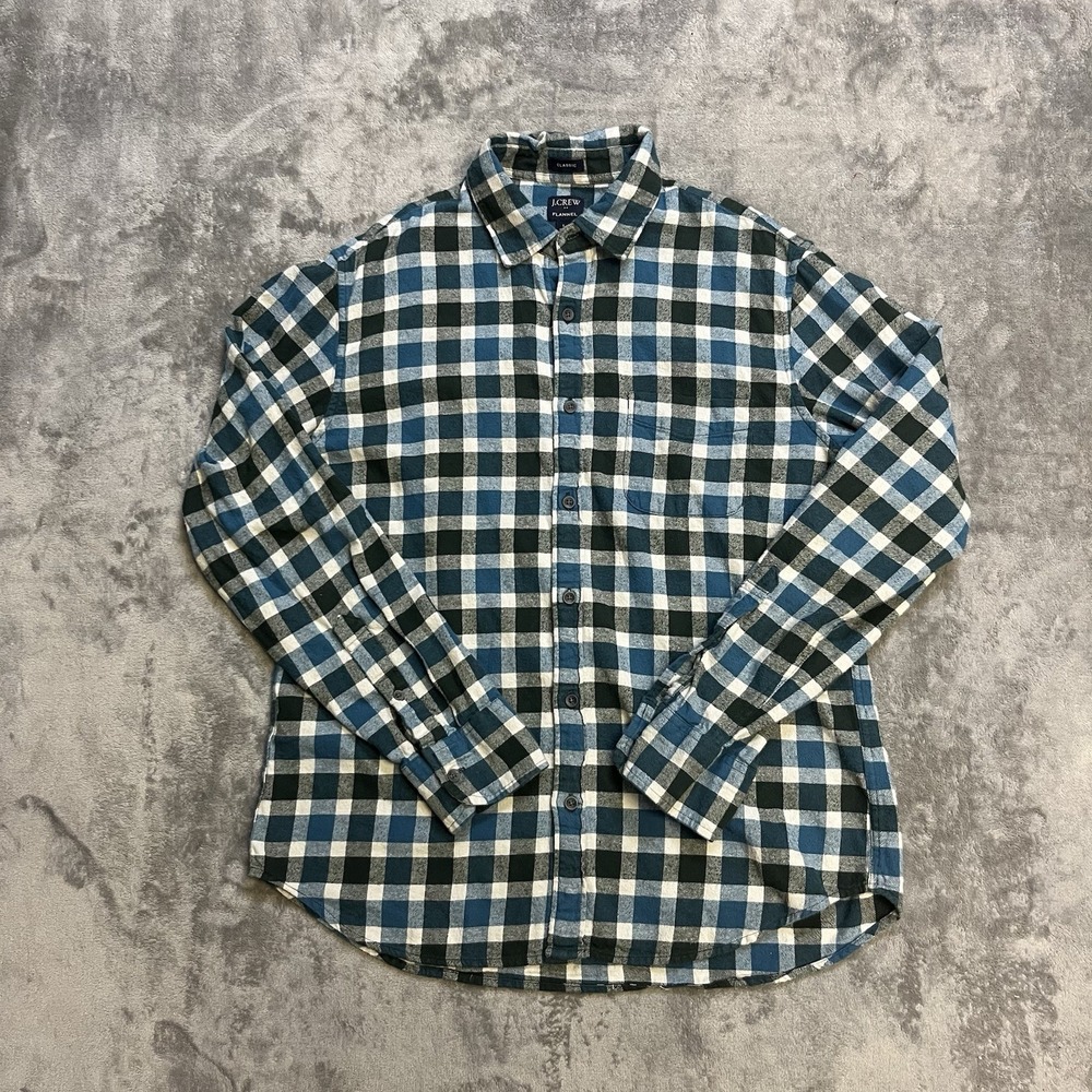 J Crew Flannel Classic Shirt Men's Large Green Blue Plaid Long Sleeve Pocket